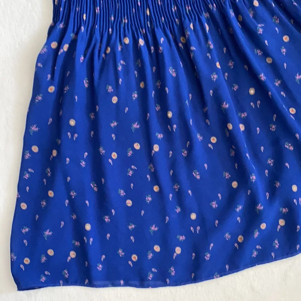Vintage | Puff Sleeve Accordion Pleat Drop Waist Midi Dress Blue Floral Boho - Picture 9 of 16
